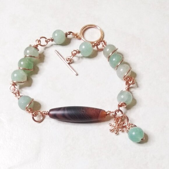 Green Aventurine + Brown Agate + Copper Wire Wrapped Beads! Prosperity + Wealth! - Picture 1 of 7